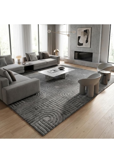 Koyu Gri Modern Geometrik Desenli Dijital Baskılı Kaymaz Tabanlı Yıkanabilir Antibakteriyel Halı Koyu Gri