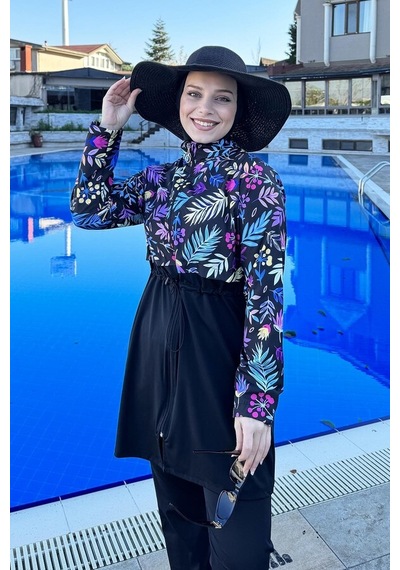 Hmm Swimwear Tam Kapalı Dokuma Tesettür Mayo T244-249 Siyah