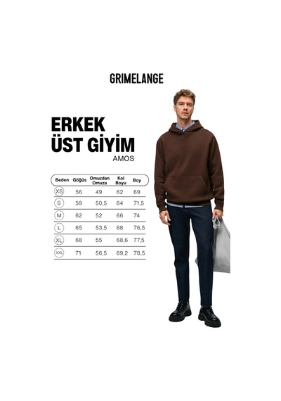 Grımelange AMOS Erkek Yumuşak Kumaşlı 3 İplik Oversize Kapüşonlu Kanguru Cepli Acı Kahve Sweatshirt