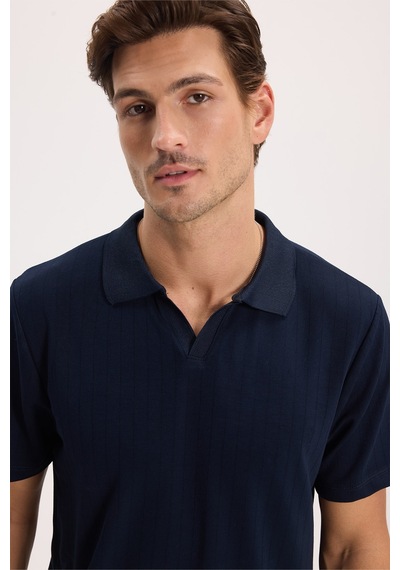 Tudors Erkek Slim Fit Dar Kesim Pamuklu Kısa Kollu Çizgili Lacivert Polo V Yaka Tişört-51125