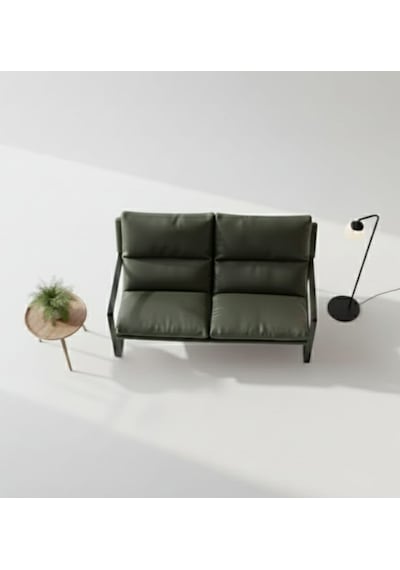 Sller Modern İkili Koltuk - Loft Tasarım Haki Deri/kumaş Bahçe Ve Balkon Kanepesi - Metal İskeletli 130 Cm Haki
