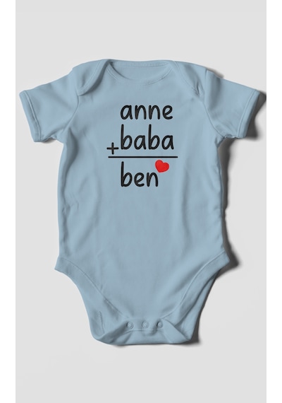 Anne Baba Ve Ben Baskılı Bebek Zıbını Çıtçıtlı Body %100 Pamuk Kısa Kol Bebe Mavisi