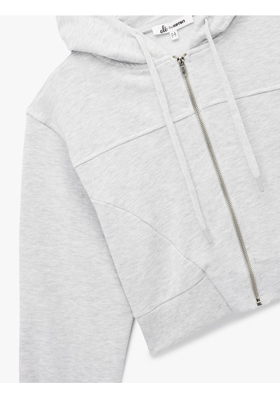 Koton Rahat Kalıp Cep Detaylı Kapüşonlu Fermuarlı Crop Sweatshirt Kar Melanj 6wal10354ık Gri Melanj