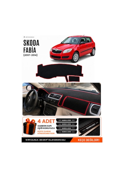 Skoda Fabia 2007-2014 Uyumlu Torpido Örtüsü, Torpido Kılıfı - Siyah-kırmızı - Sk002