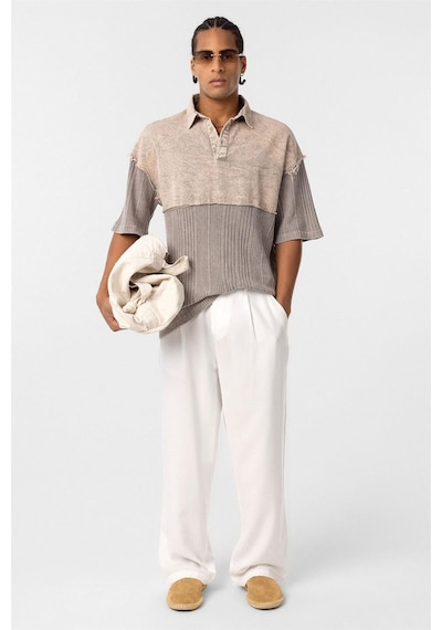 Vamos Yıkamalı Triko Oversize Polo Yaka Tişört V70-53 Taş