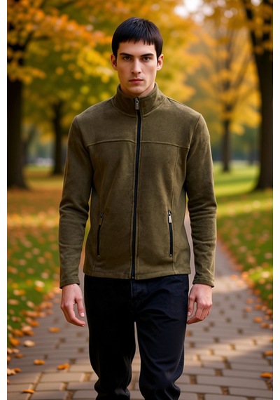 Benerly Erkek Dik Yaka Standart Kol Fermuarlı Polar Sweatshirt Fonksiyone Haki
