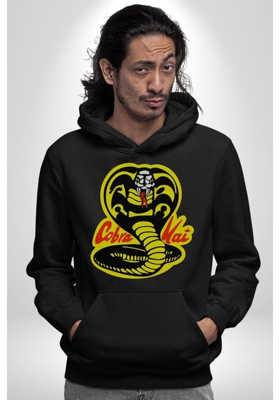 Cobra Kai Karete Çocuk Yılan Logo Dizi Kadın Erkek Siyah Kapüşonlu Sweatshirt Hoodie Siyah