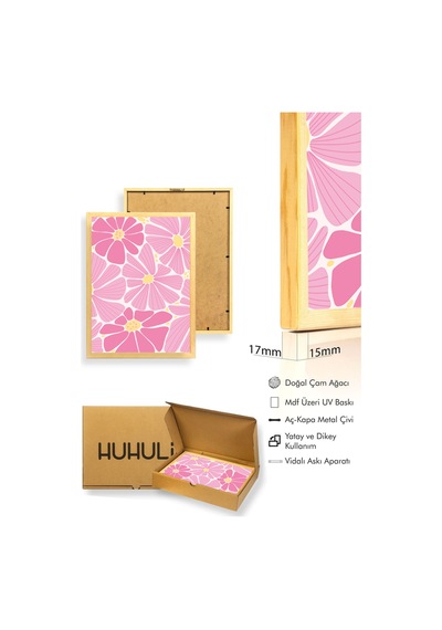 Doğal Ahşap Çerçeveli Retro Pembe Çiçekli Tablo - Boho Floral Desen Huhu2757