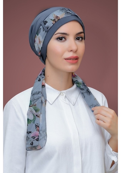 Hürrem Bone Gri Pratik Hazır Geçmeli Tesettür Bone Sandy Kumaş Desenli Şifon Gri