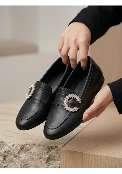 Venüs 26484214 Kadın Taş Toka İnce Taban Loafer Ayakkabı Siyah