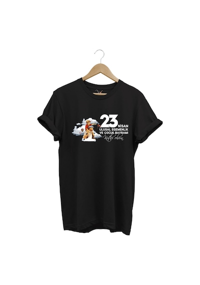 23 Nisan Çocuk Bayramı Mustafa Kemal Atatürk Baskılı %100 Pamuk Regular Fit Bisiklet Yaka T-shirt Siyah