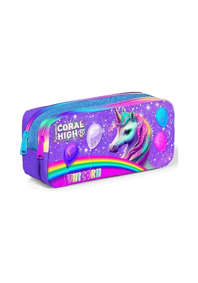 Coral High Üç Gözlü İlkokul Ve Ortaokul Çanta Seti - Kız Çocuk - Mor Simli Unicorn Desenli