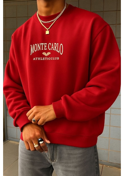Benroma 3 İplik Penye Monte Carlo Baskılı Unisex Sweatshırt Kırmızı