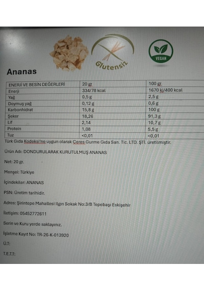 Dondurularak Kurutulmuş Ananas 20 G