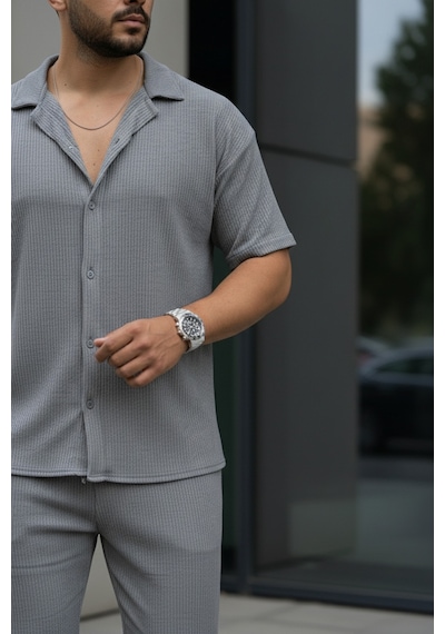 Fifty Color Unisex Trend Bürümcük Krinkıl Kumaş Yazlık Likralı Kısa Kol Gömlek Ve Eşofman Takım Gri
