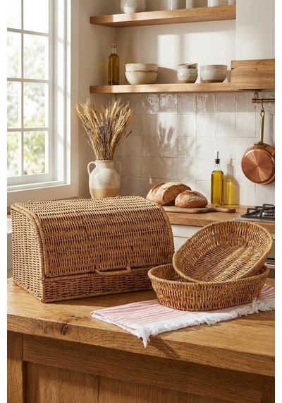 Mien Doğal Rattan 3’lü Hasır Set | Kapaklı Ekmek Sepeti ve Dekoratif Sunum Sepetleri