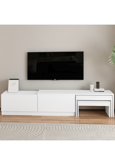 Nest Tv Sehpası Modern Tasarım,2 Kapaklı Depolama Ve İkili Zigon Sehpa İle Fonksiyonel Mobilya Beyaz Nest Tv Sehpası Modern Tasarım,2 Kapaklı Depolama Ve İkili Zigon Sehpa İle Fonksiyonel Mobilya Beyaz