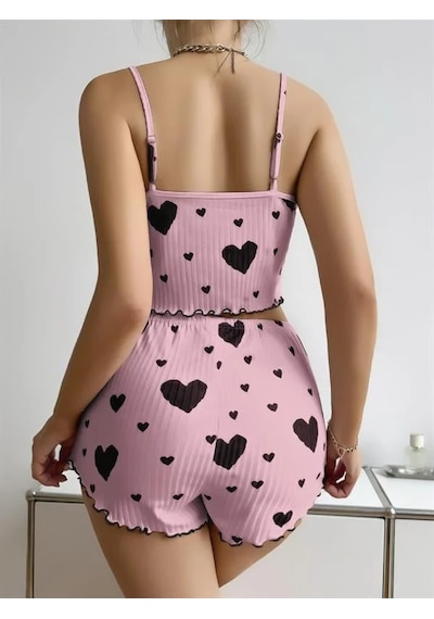 Atyticaret Kadın Pamuklu Pembe Üstüne Siyah Desenli Askılı Fitilli Şortlu Pijama Takımı