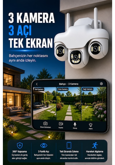 Wifi 3 Motorize Kameralı Adaptörlü Gece Görüşlü Hareket Takipli Güvenlik Kamerası
