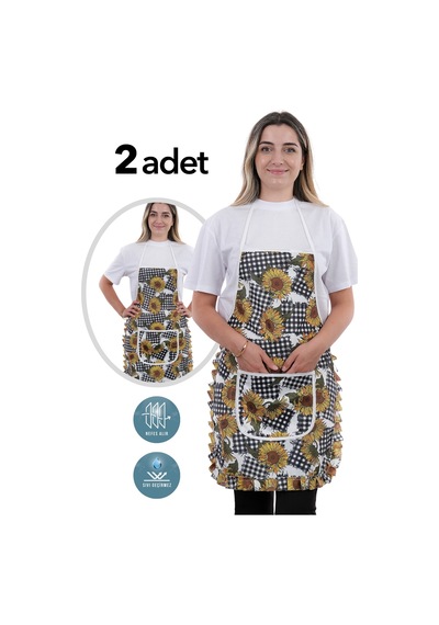 Jarse Frilly İkili Paket Sıvı Geçirmez Su Geçirmez Mutfak Önlüğü Ayçiçeği Siyah