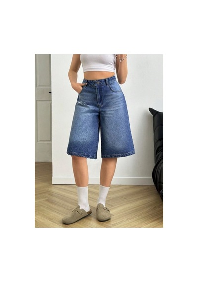 Kene Jeans Lazer Ön Yırtıklı Mavi İşlemli Kot Şort Mavi İşlemli