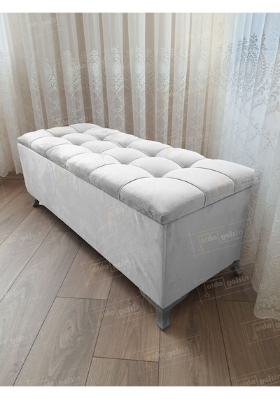 Çizgi Kapitoneli Sandıklı Puf 90 Cm Gümüş Ayak Kırmızı