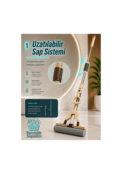 Kelebek Mop Süngerli Paspas Seti, Kendinden Sıkmalı Teleskobik Saplı Yer Temizlik Mopu +2 Yedekli Yüksek Emicili Sünger