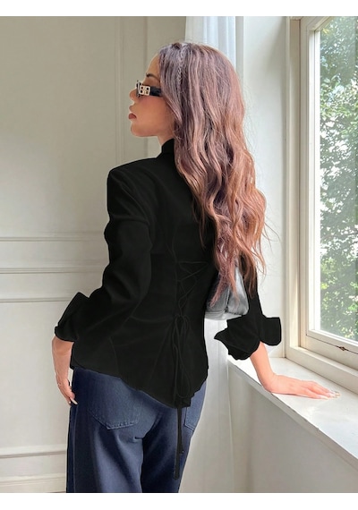 Kadın Arkası Bağcıklı Gömlek Slim Fit Günlük Ve Ofis Kombin Modern Tasarım Siyah