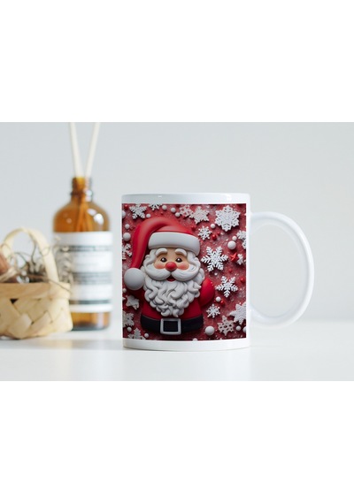 3d Görünümlü Noel Baba Kupa Bardak Kar Tanesi Desenli Kırmızı Yılbaşı Tasarım Kabartmasız Beyaz