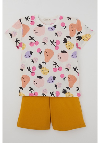 Breeze Kız Çocuk Şortlu Pijama Takımı Neşeli Meyveler 4-8 Yaş, Ekru