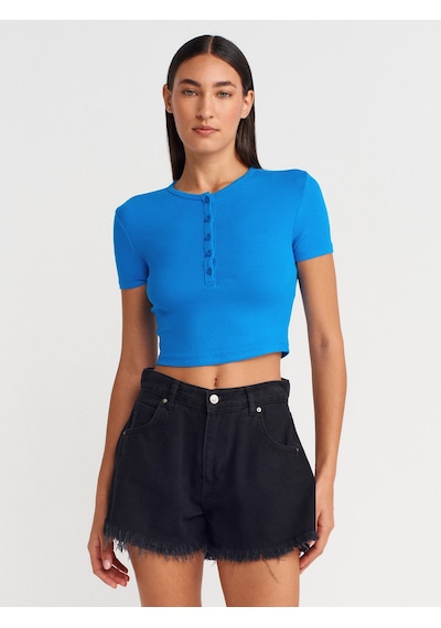 Dilvin 31647 Düğme Detaylı Crop Top-saks Saks