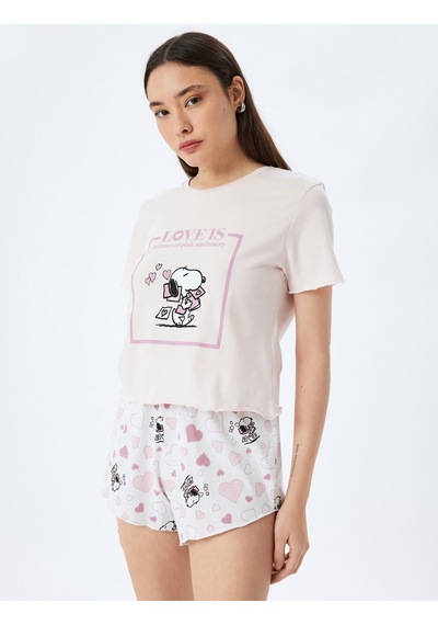Koton Pamuklu Lisanslı Snoopy Baskılı Kısa Kollu Şortlu Pijama Takımı Pembe 5slk40083mk Gül