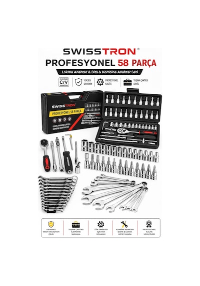Swisstron Sws581246 58parça Cırcır Lokma Anahtar Seti Crv Krom Vanadyum Bits Kombine Anahtar Takımı