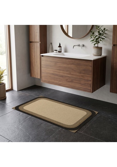 Kartela Halı Jüt Görünümlü Banyo Paspası Natürel Siyah Kaymaz Taban Makinede Yıkanabilir 40x60 Cm