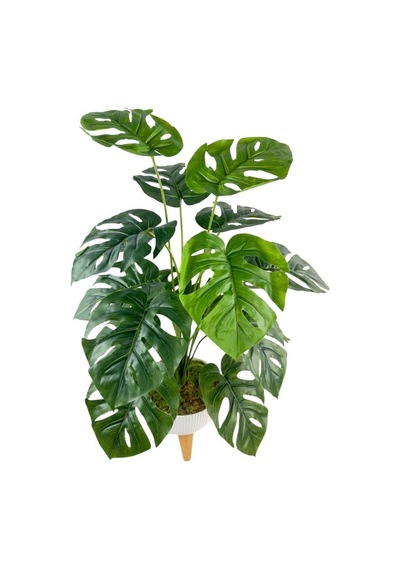Yapay Çiçek Salon Bitkisi Monstera 70cm 18 Yaprak Beyaz Zigon Saksıda Yeşil