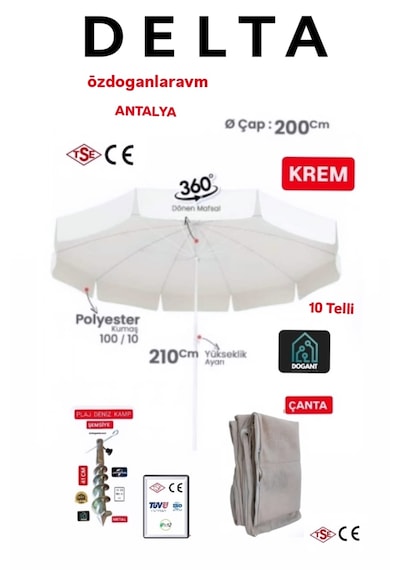 Deniz Plaj Güneş Şemsiyesi + Çanta +demir Sabitleme Krem