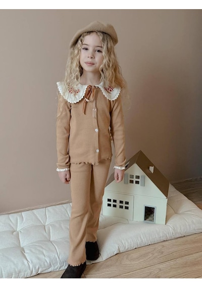 Miniko Kids Kız Çocuk Yaka Dantelli Fitilli Kaşkorse Bayramlık Taytlı Takım Bej