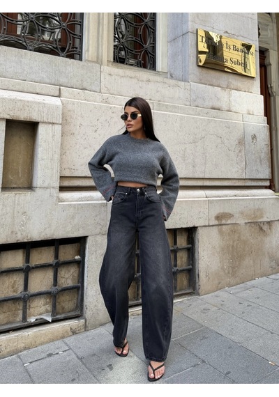 Out Of Standart Kadın Barrel Leg Normal Bel Düz Paça Jean Pantolon Antrasit