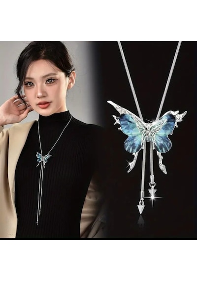 Dükkan Design Titatnyum Ayarlanabilir Kubik Zirkon Kelebek Kolye Mavi