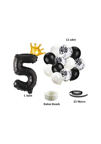 5 Rakam Siyah Folyo Balon, Kral Tacı Ve Konfetili Siyah Balon Set