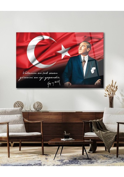 Atatürk Portre Cam Tablo Vatanını En Çok Seven Görevini En İyi Yapandır Kurum Hediyelik Büyük Tablo