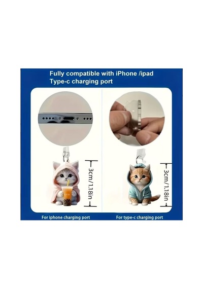 Aleylife 2d Telefon Charm Androıd Type-c Toz Koruması - Sevimli Kedi