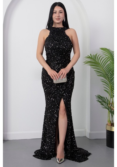 Kalopya Halter Yaka Yırtmaçlı Pulpayet Elbise Ecr5482 Siyah