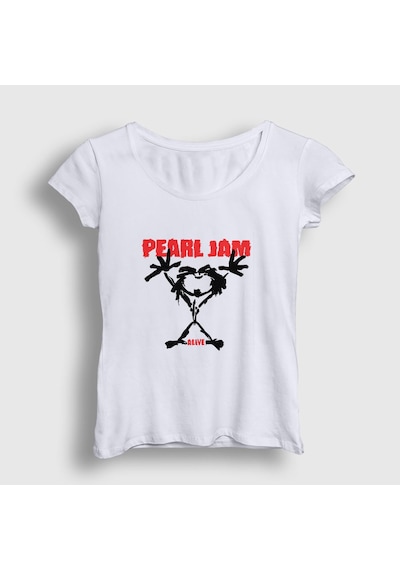 Presmono Kadın Alive Pearl Jam T-shirt Beyaz