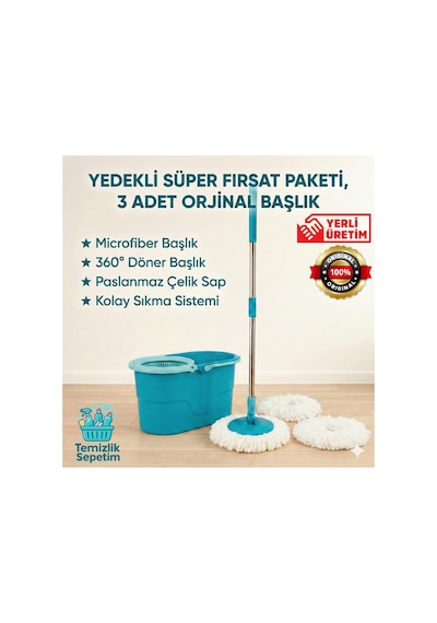 Fix Mop Set Pratik Temizlik Seti Sıkma Sistemli Döner Başlıklı 3 Adet Başlık