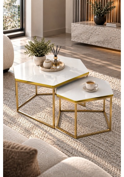 Sulorahome Altıgen İkili Orta Sehpa Seti Beyaz Ve Sarı Gold Altın - Beyaz