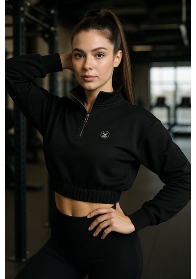 Kadın Fermuar Yaka Detaylı Crop Lastikli Rahat Kalıp Sweatshirt Çok Renkli
