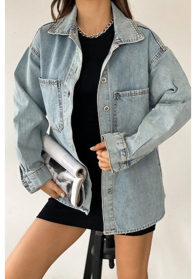 Mavi Çift Cepli Yıkamalı Denim Gömlek Ceket Bcdf-235403 Çok Renkli