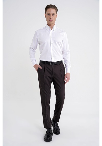 Slim Fit Düğmeli Yüksek Yaka %100 Pamuk Saten Düz Beyaz Gömlek Gk 760