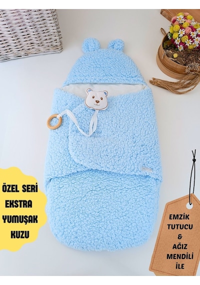 Peluş Bebek Dış Kundağı Oyuncaklı Uyku Tulumu Hastane Çıkışı Hediyelik Sarma Battaniye Mavi